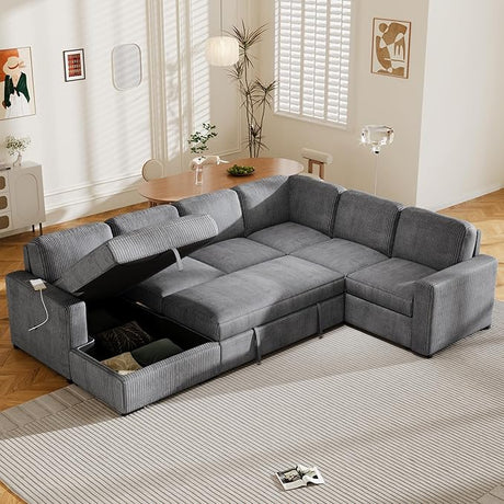 83" Sofa Bed, Sleeper Sofa L-Shaped Sofa Couches for Living Room Modern Convertible Sofa Pull Out Couch Bed 5 Seat Modular Sofa Set with USB Charging Ports Apartment Brown