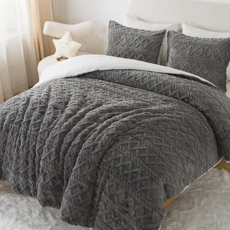 Grey Sherpa Comforter Set King Size, 3 Pieces Fluffy Faux Fur Bedding Comforter, Winter