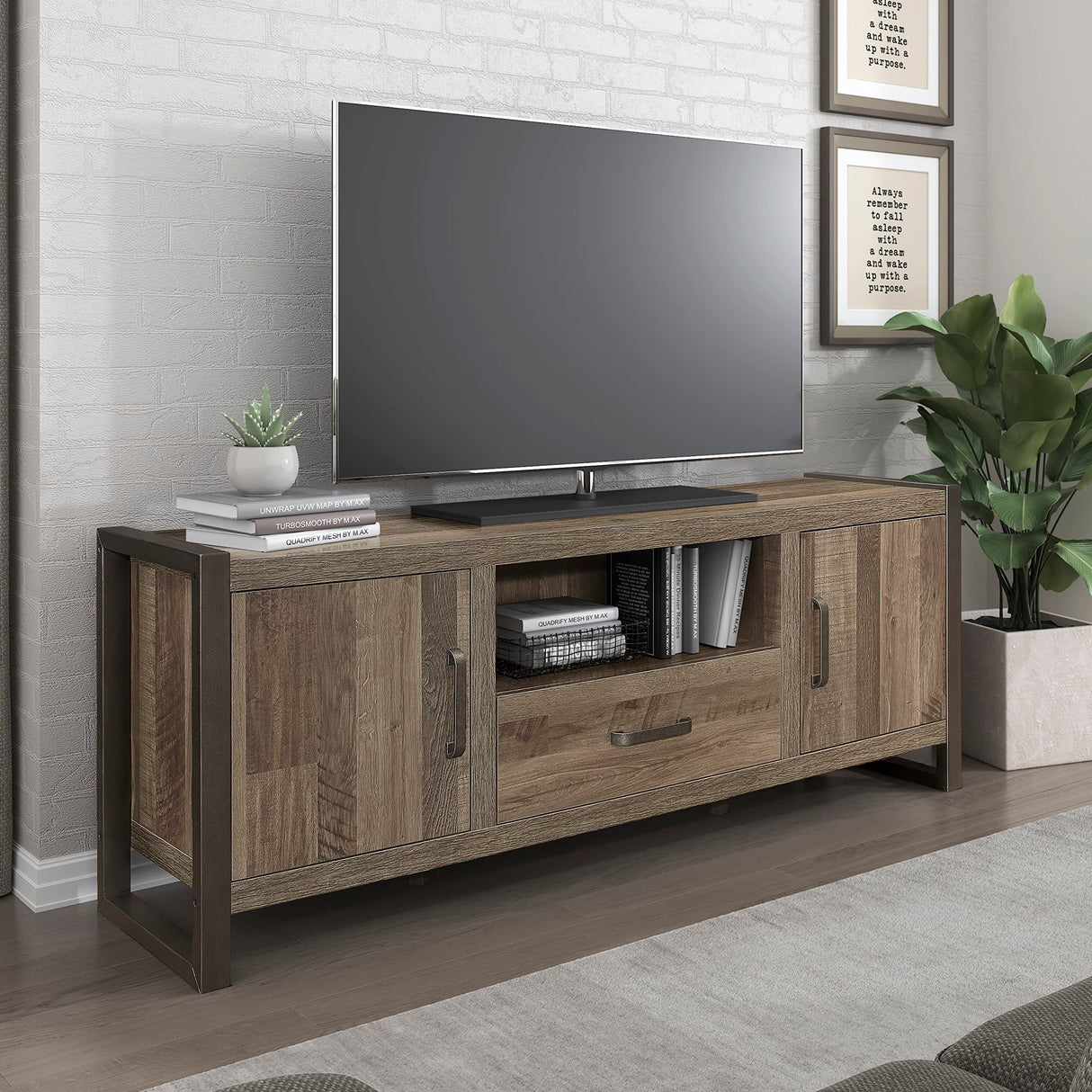 TV Stand, 64" W, Brown/Gunmetal