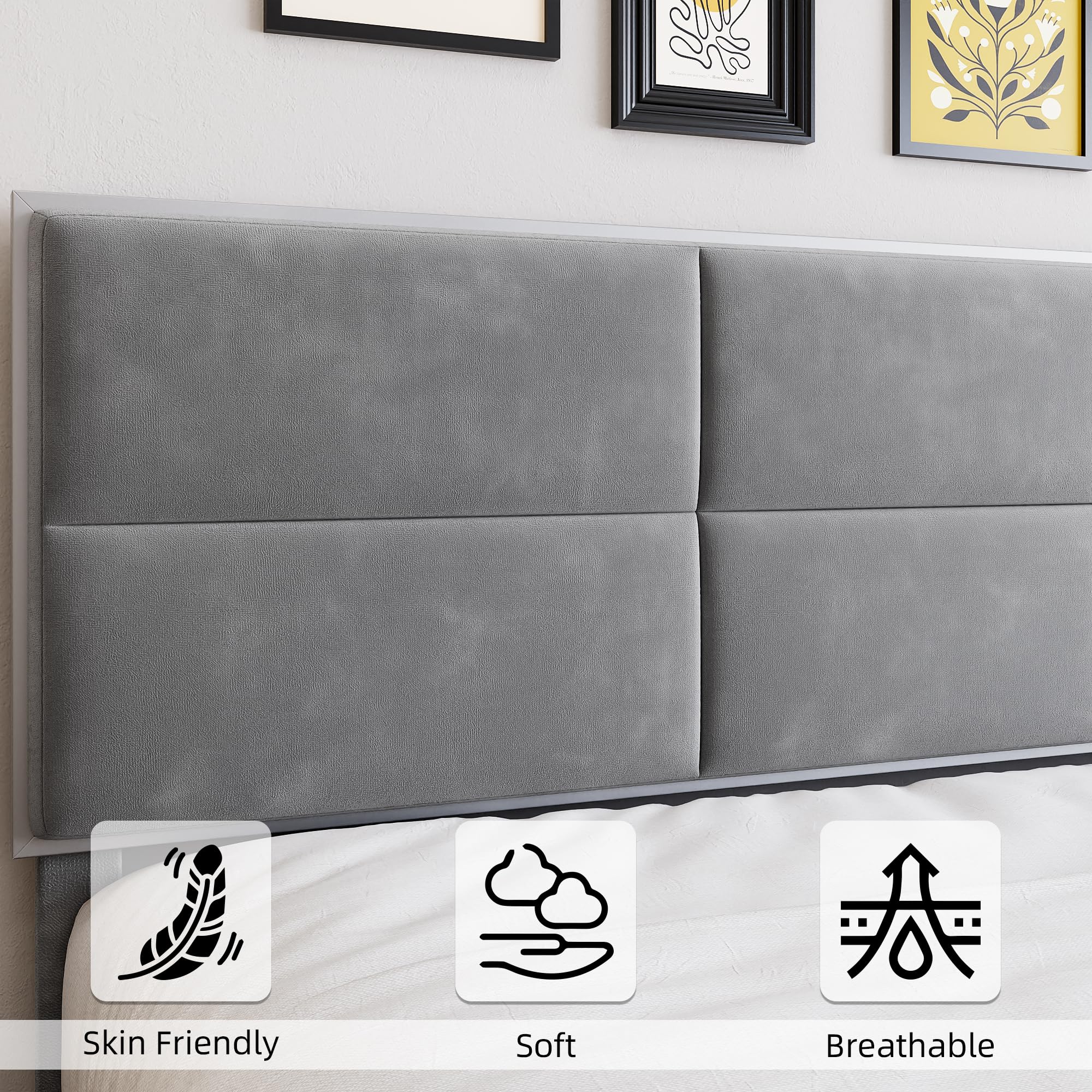 Queen Size Velvet Bed Frame with Headboard, Modern Upholstered Platform Bed,