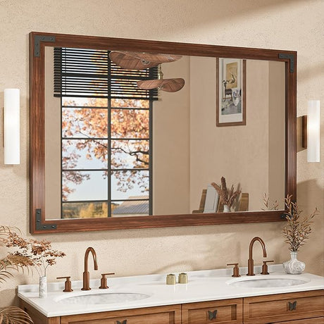 60 x 36 Inch Rustic Bathroom Mirror Wood Frame, Dark Brown Farmhouse Natural