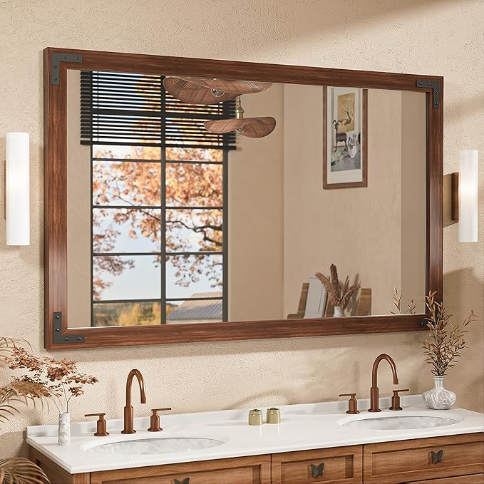 Brown Wood Framed Wall Mirror for Bathroom