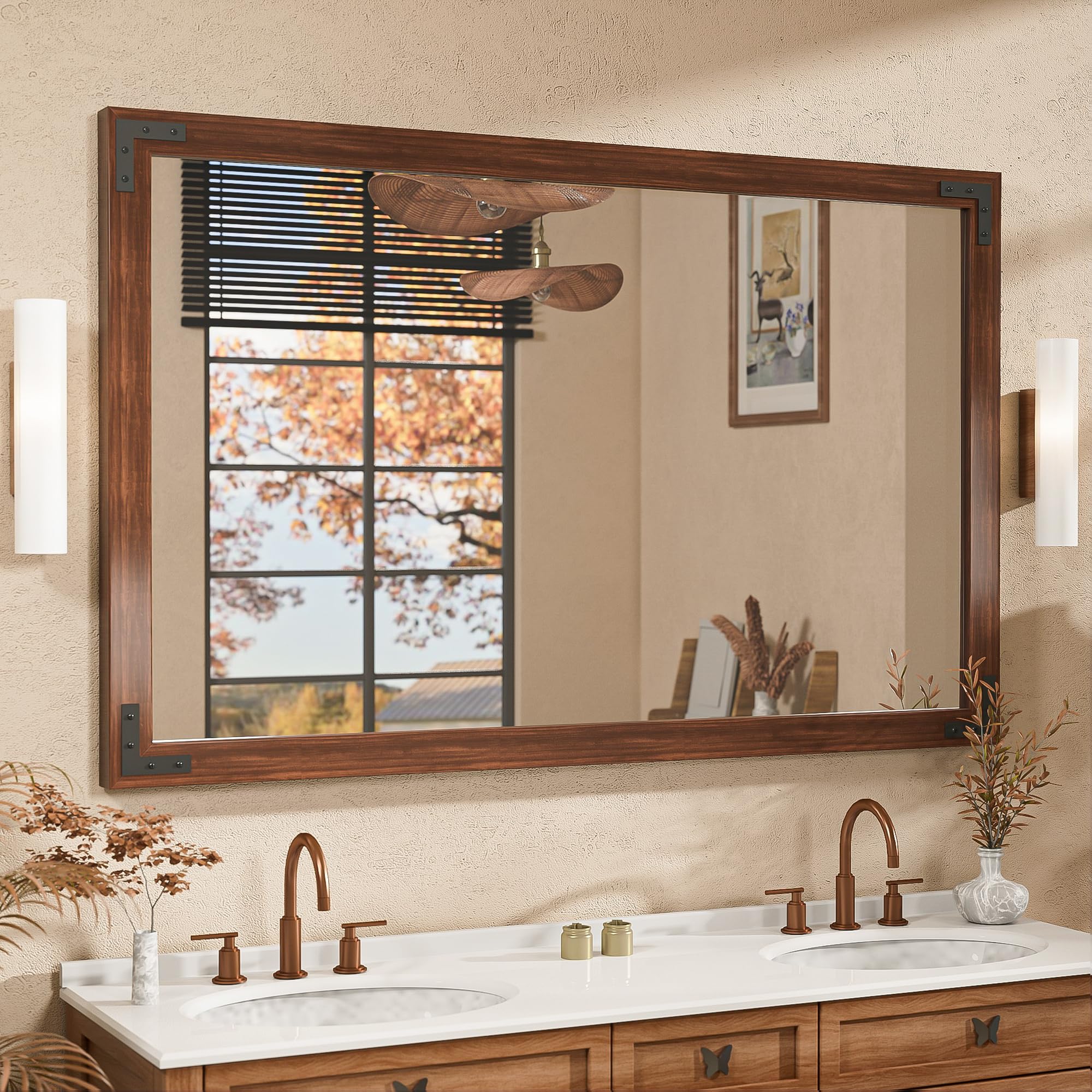 Brown Wood Framed Wall Mirror for Bathroom