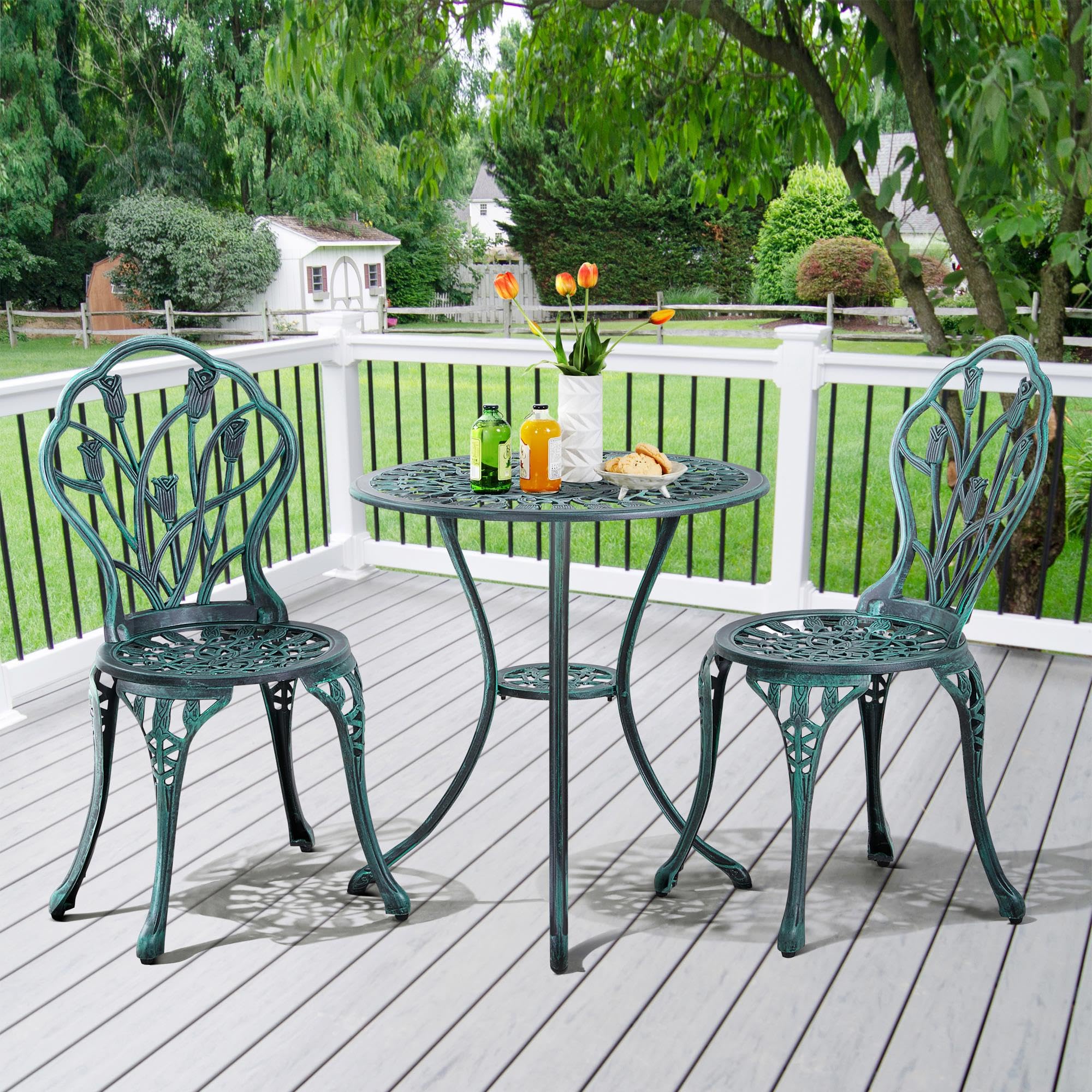 Bistro Sets 3 Piece Cast Aluminum Bistro Table and Chairs Set, Cast Aluminum Bistro Table