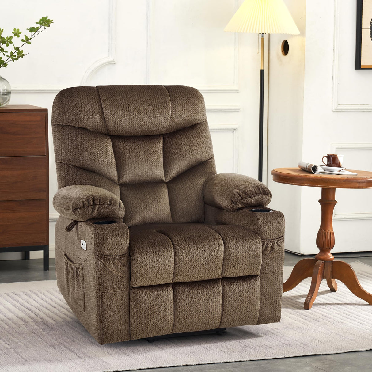 Power Lift Recliner Chair with Extended Footrest, 2 Cup Holders, USB Ports for Elderly People, Fabric 7286 (Mocha, Regular)