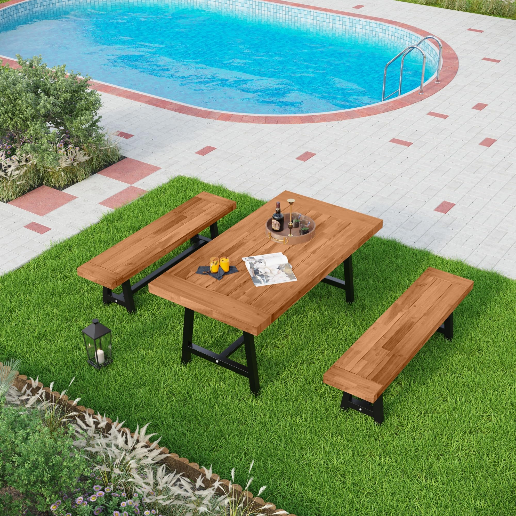 Outdoor Patio Bench 63" Long Rectangular Acacia Wood Dining Picnic Furniture Benches