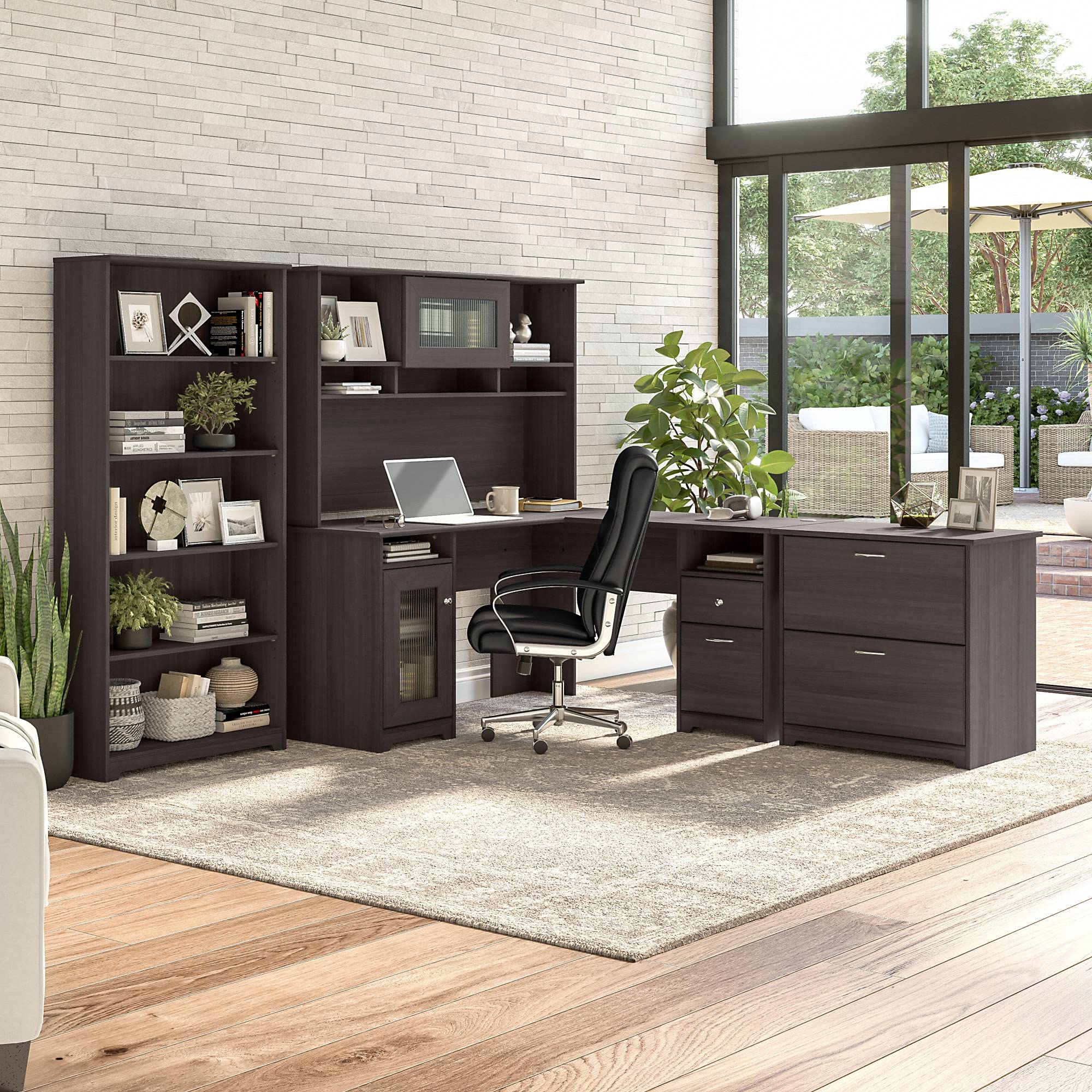 EliteWork L-Shaped Desk with Hutch, 5-Shelf Bookcase & Lateral File Cabinet