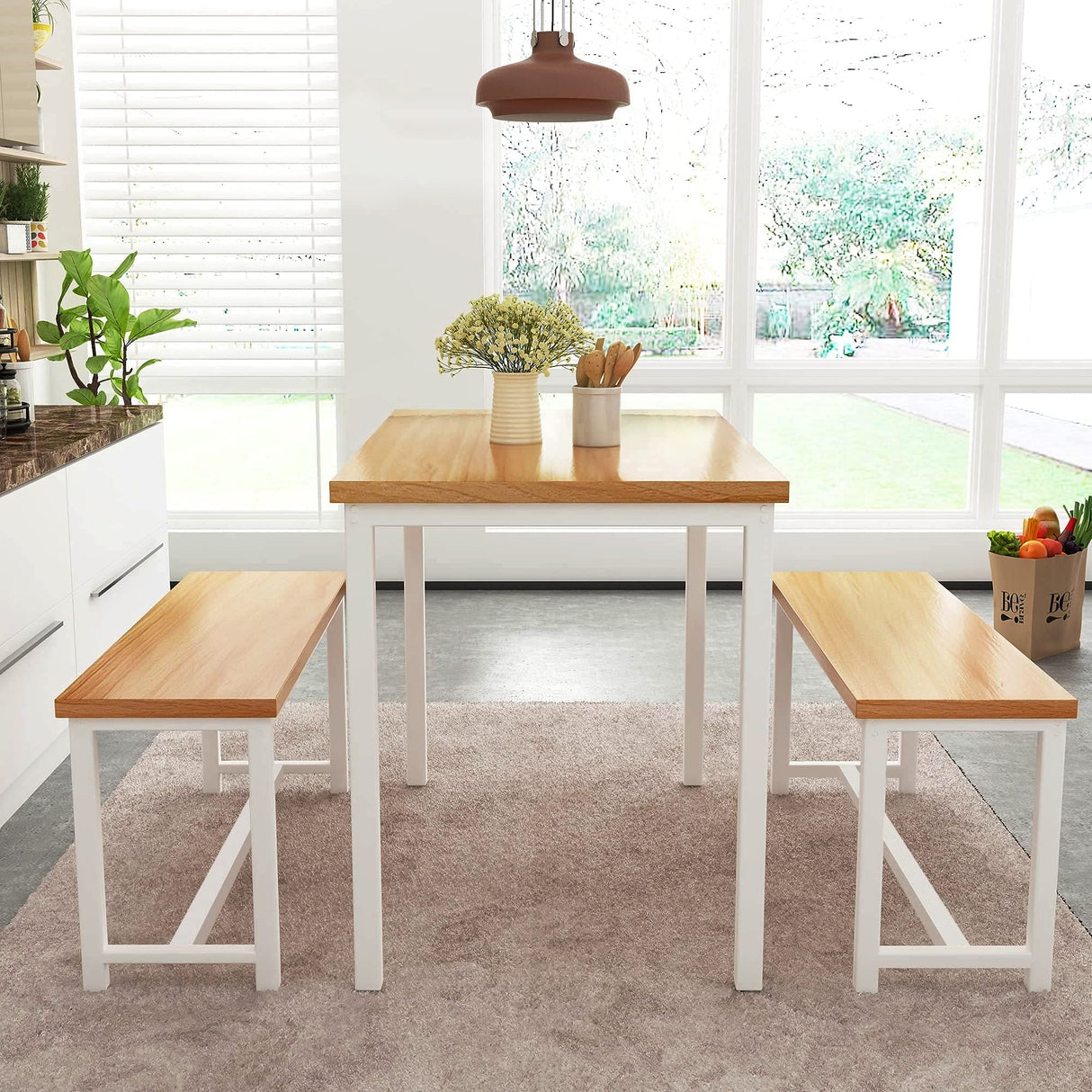 Dining Room Table Set, Kitchen Table Set with 2 Benches, Ideal for Home