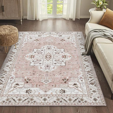 Washable Area Rug 5x7 Non-Slip, Boho Pink Rugs for Living Room Decor，Indoor Mat