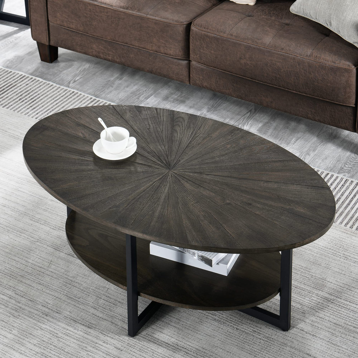 Oval Coffee Table with Storage Shelf, 43.3” Farmhouse Sofa Center Table
