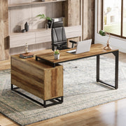 L-Shaped Computer Desk with Cabinet, 53-Inch Farmhouse Corner Desk with Sliding
