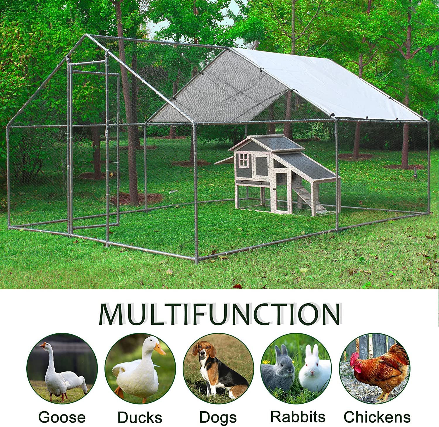 Chicken Coop Extra Large Metal Chicken Run Pen Poultry Cage Hen Runs Habitat for Yard with Cover for Chickens, Rabbits, Ducks, Cats, Dogs 13.1' x 9.8' x 6.5'