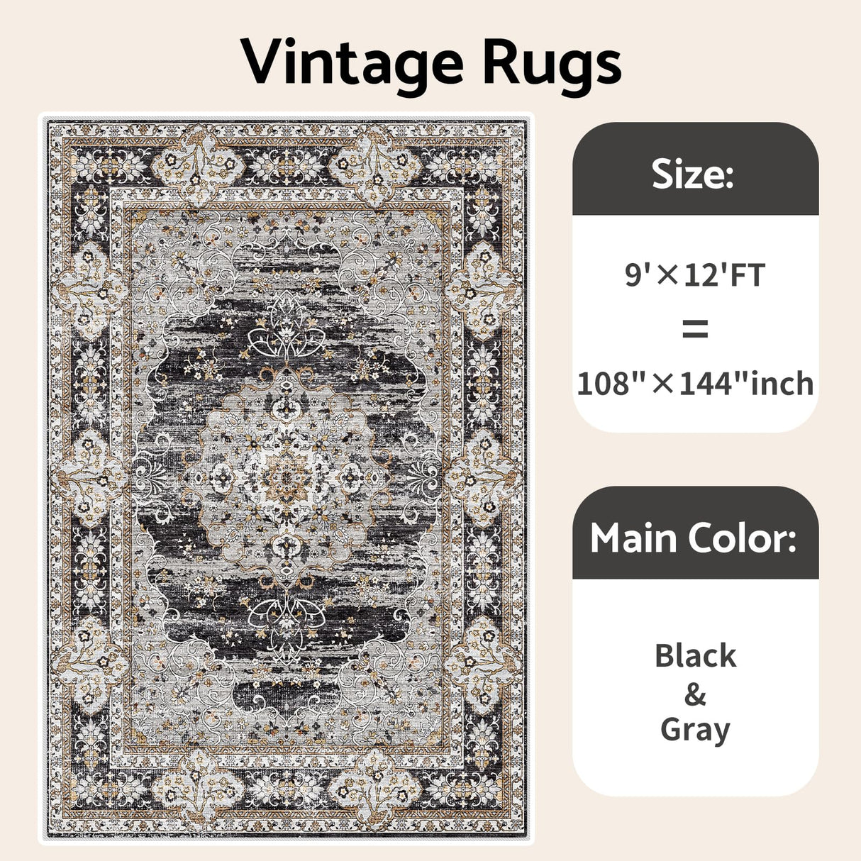 Puino 9x12 Washable Vintage Rug: Oriental Rugs for Living Room Non Slip Backing Stain Resistant Large Indoor Carpet for Bedroom Area Rug Dining Room Decor(Black,9x12FT)