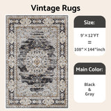 Puino 9x12 Washable Vintage Rug: Oriental Rugs for Living Room Non Slip Backing Stain Resistant Large Indoor Carpet for Bedroom Area Rug Dining Room Decor(Black,9x12FT)