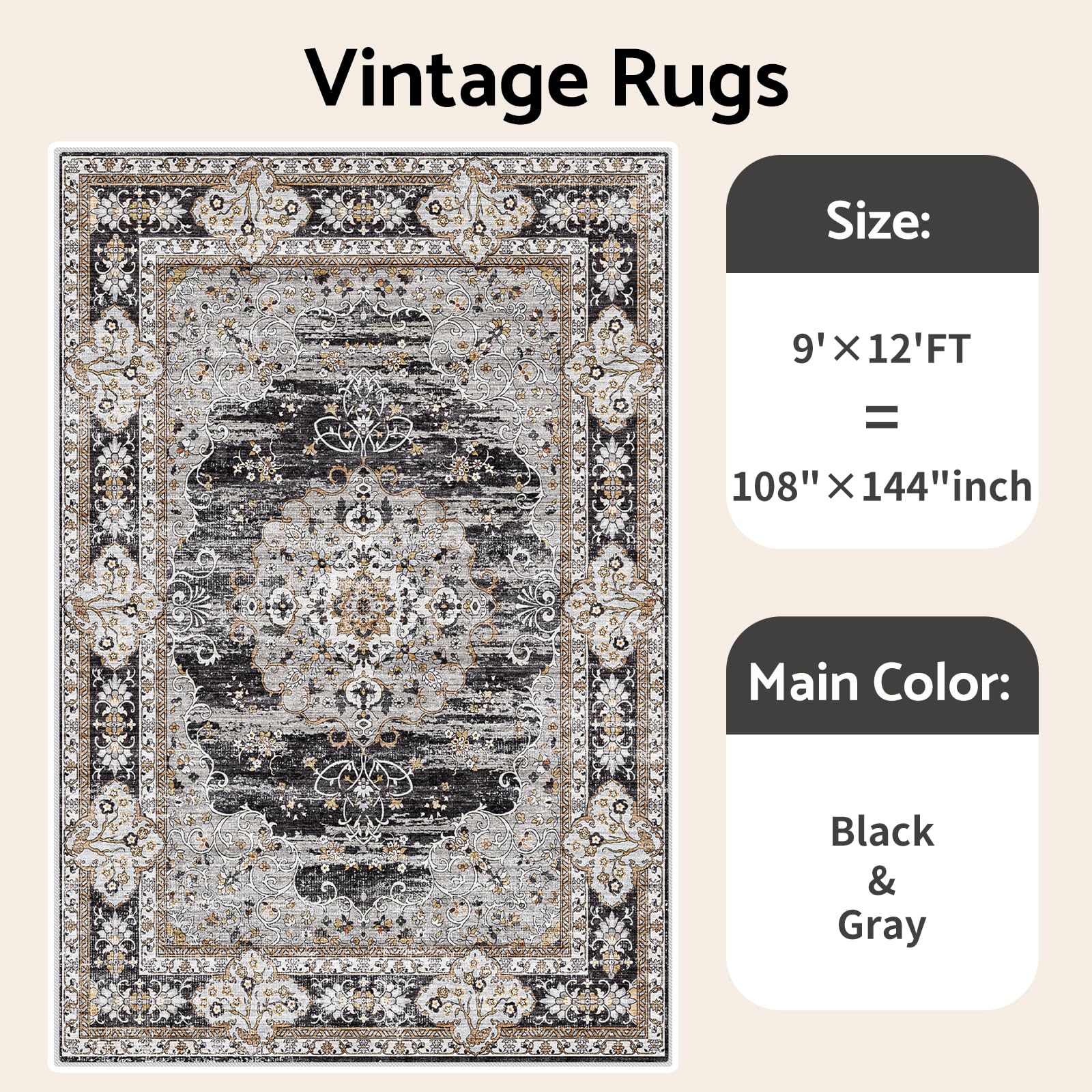 Puino 9x12 Washable Vintage Rug: Oriental Rugs for Living Room Non Slip Backing Stain Resistant Large Indoor Carpet for Bedroom Area Rug Dining Room Decor(Black,9x12FT)