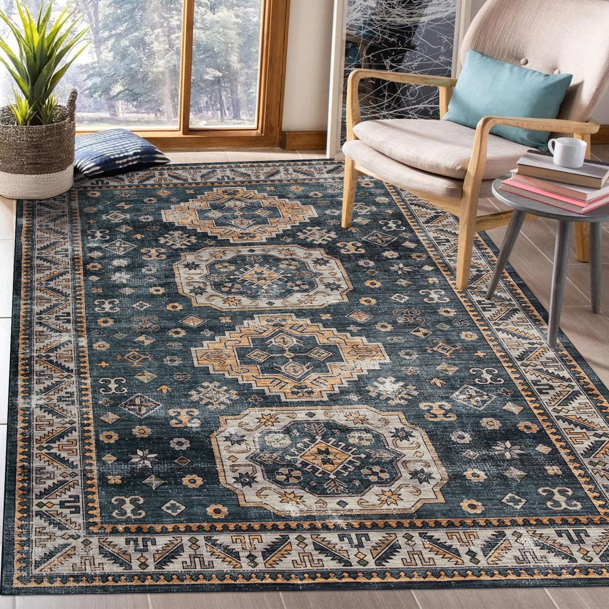 ROYHOME 8x10 Rug for Living Room Vintage Rug Indoor Distressed Carpet Boho Rug Oriental Area Rug Machine Washable Rug for Bedroom Kitchen Home Office, Blue 8' x 10'