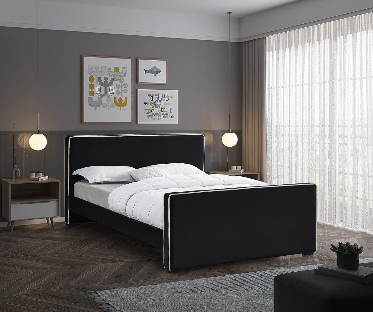 Dillard Collection Modern | Contemporary Velvet Upholstered Bed with Dark Espresso