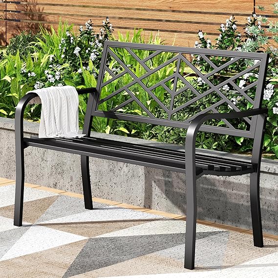 43 Inch Cast Iron Steel Frame Outdoor Garden Bench, Patio Furniture Chair Bench w/Floral