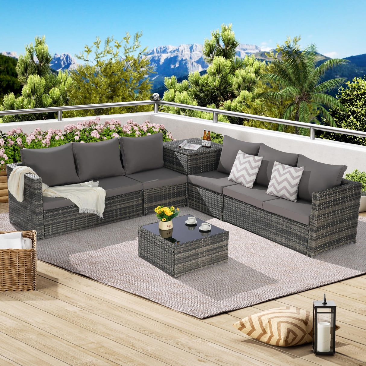 6 Pieces Outdoor Patio Furniture PE Rattan Wicker L Shaped Conversation Modular
