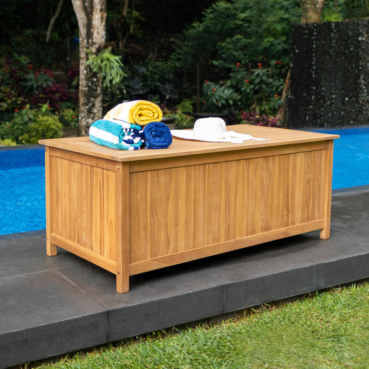Arie 60 inch Wood Outdoor Deck Storage Box, Natural Teak