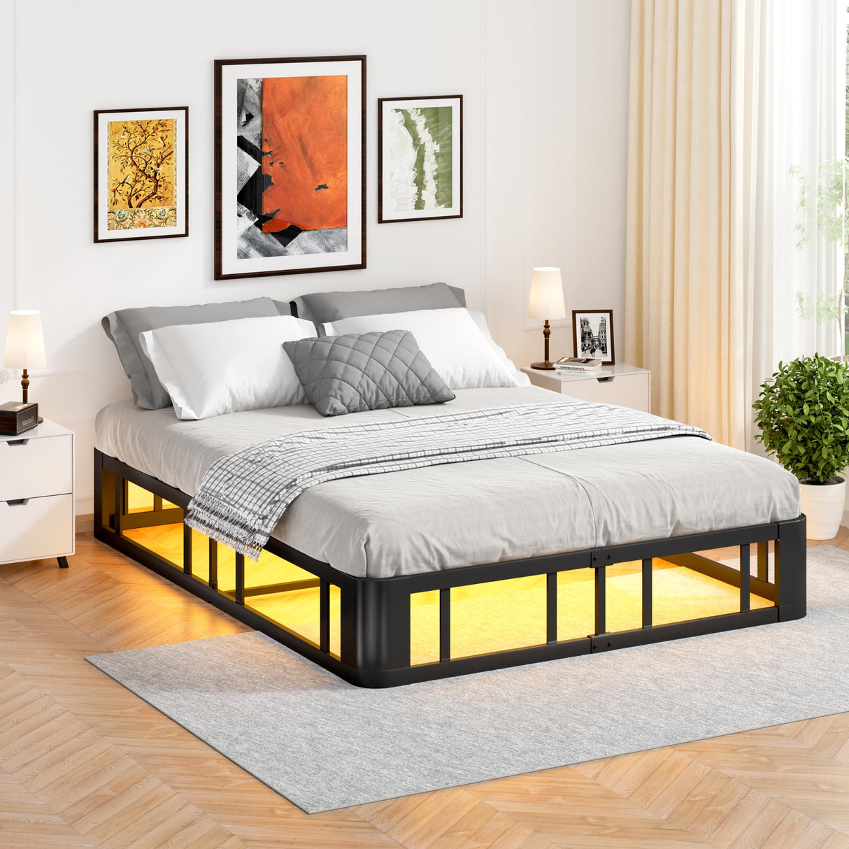 Queen Bed Frame with LED Lights, 10″ Metal Platform Bed Frame