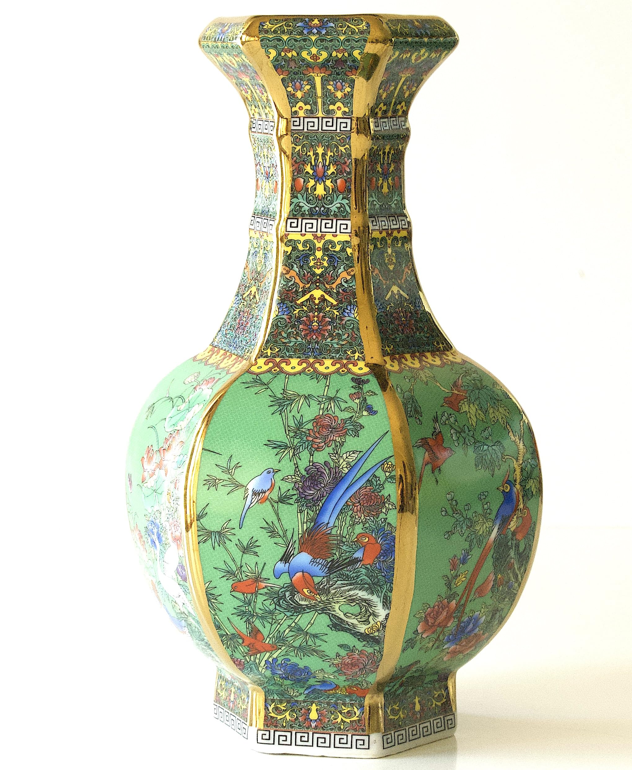 Green Porcelain Vase (Height: 10 3/4"), Golden line, Chinese Painting