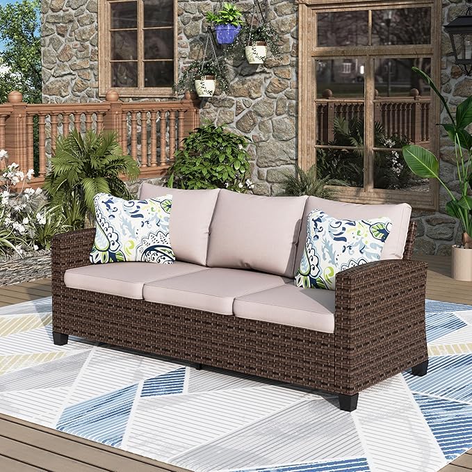 Patio Couch Wicker 3-Seat Outdoor Brown Rattan Sofa