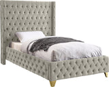 Savan Collection Velvet Upholstered Bed with Deep Button Tufting in Gold or Chrome Finish