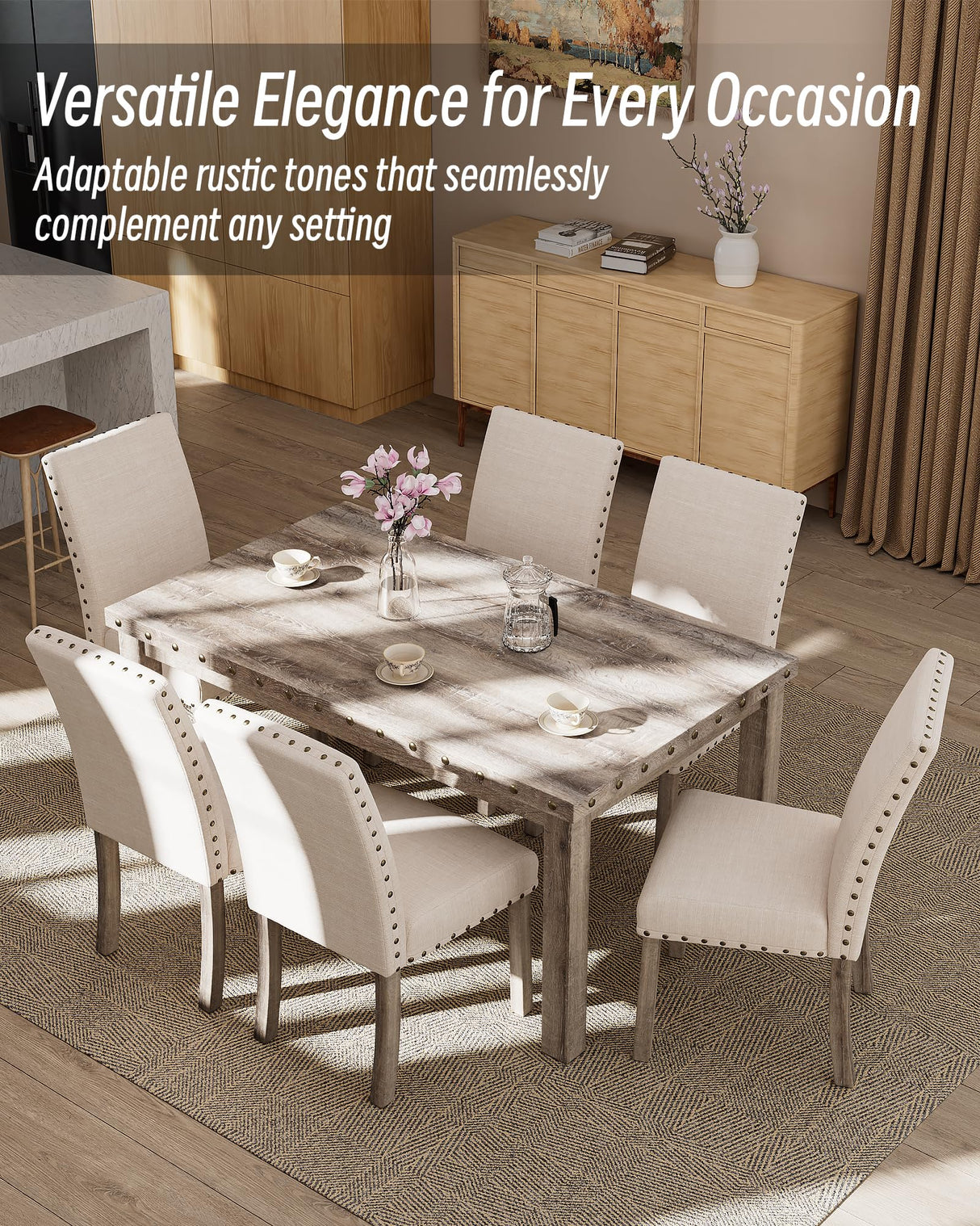 7 Piece Rustic Wooden Dining Set, Mid-Century Modern Table & Chair Set