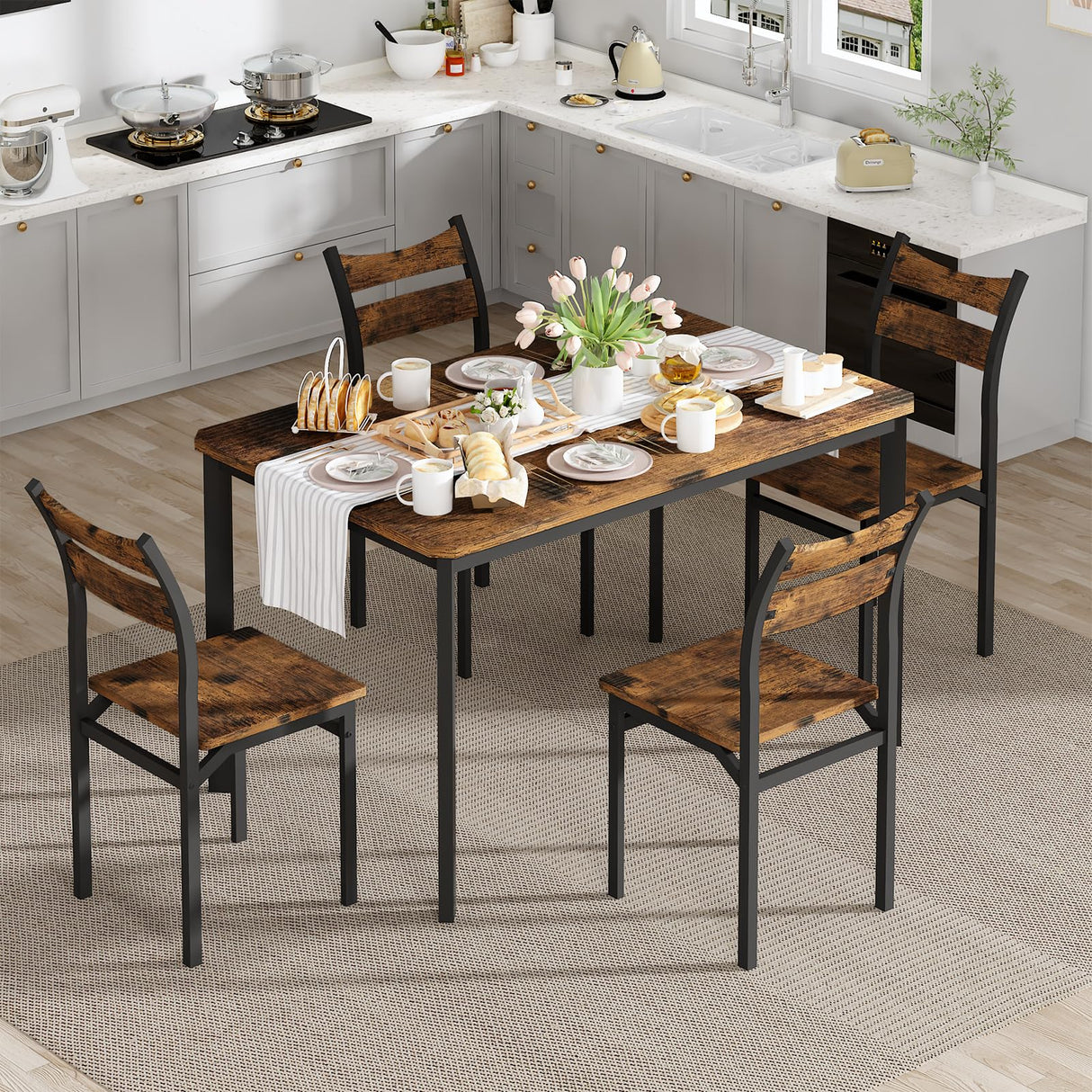 Dining Table Set for 4 Wood Kitchen Table Chairs Set of 4, Classics Dining Table and Chairs,