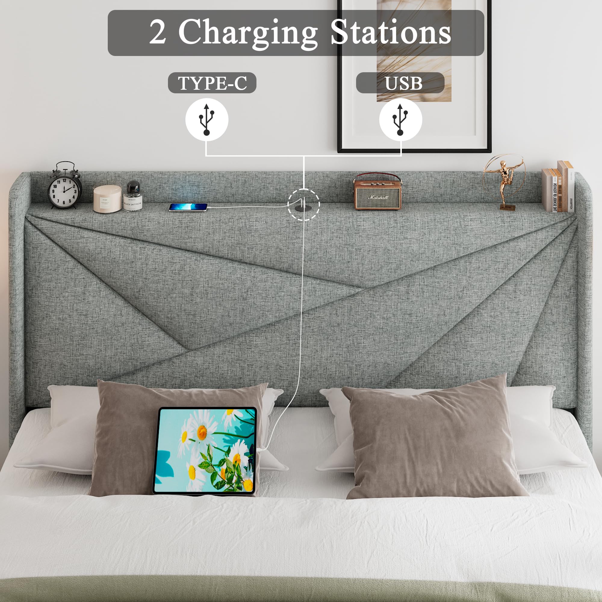 \ Queen Bed Frame with Type-C & USB Ports, Upholstered Platform Bed Frame