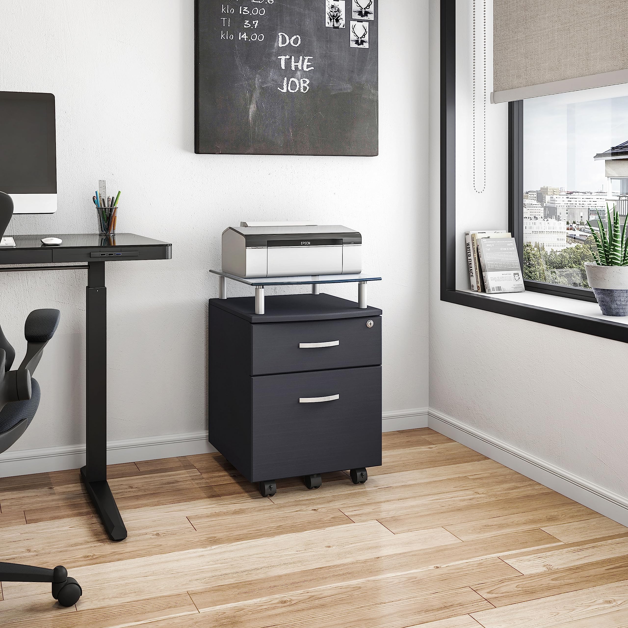 Rolling File Cabinet with Glass Top, Graphite