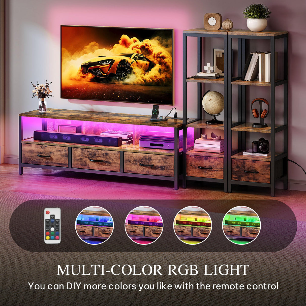 65 Inch TV Stand with LED Lights and Power Outlets