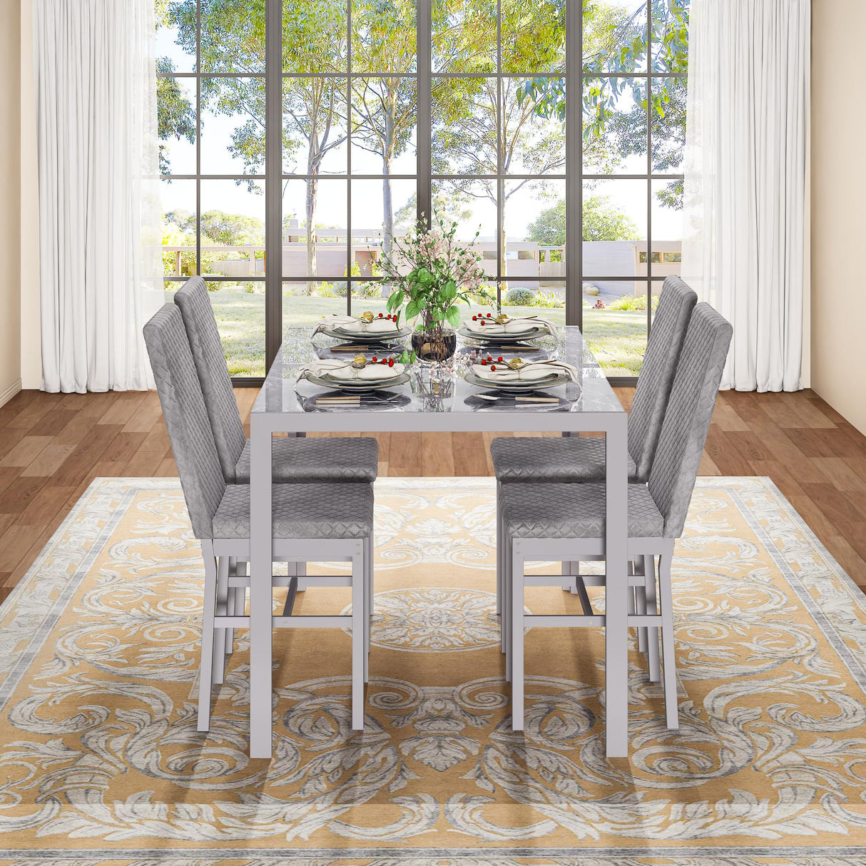 5-Piece Dinning Room Table Set, Glass Kitchen Table with 4 Velvet Chairs,