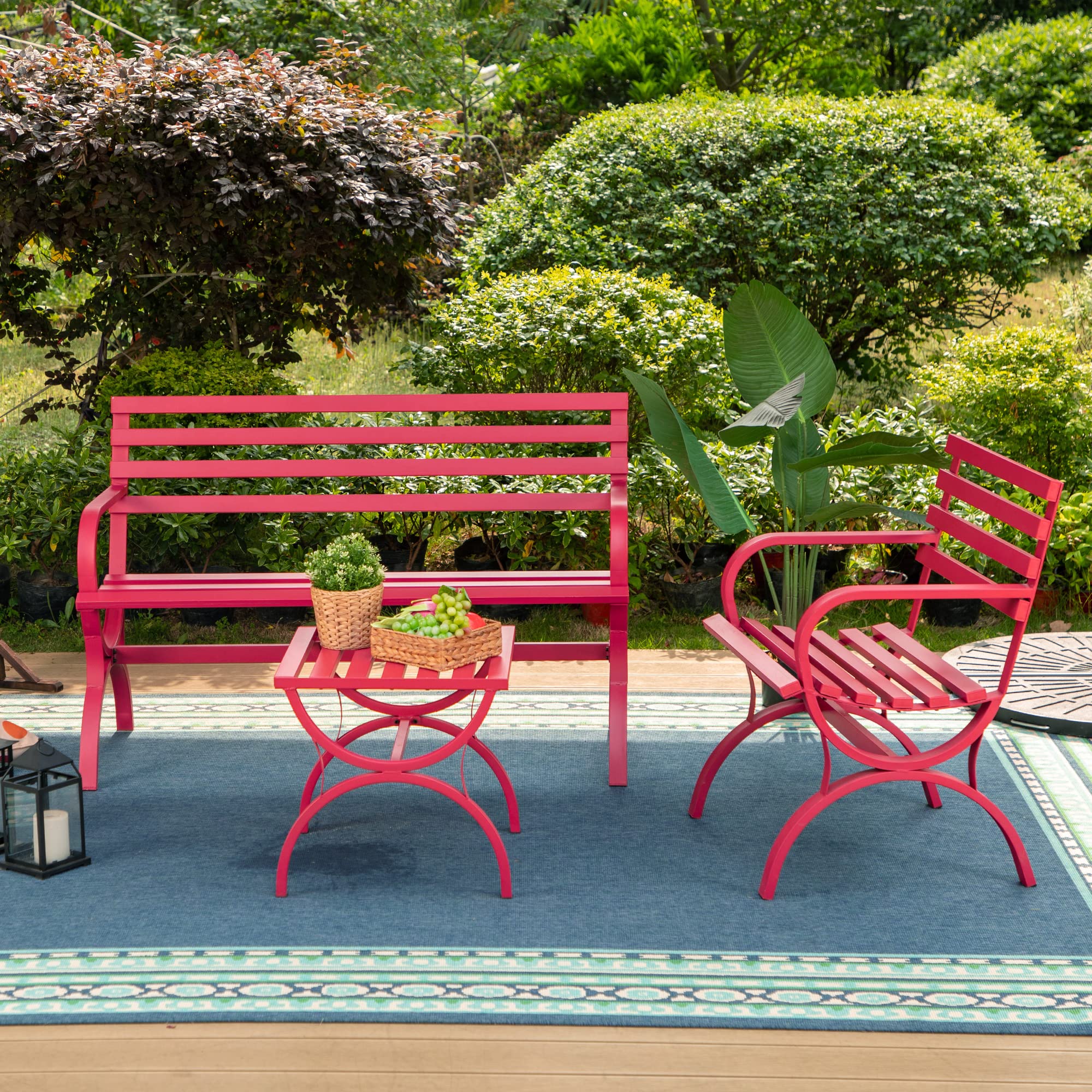Outdoor Garden Bench, 48” Long Metal Steel Bench with Backrest and Armrests