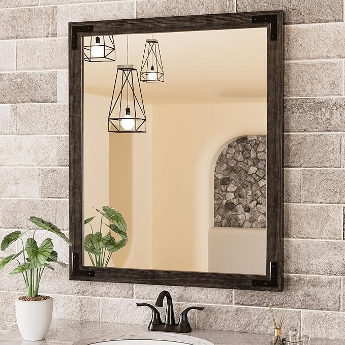 Brown Wood Framed Wall Mirror for Bathroom