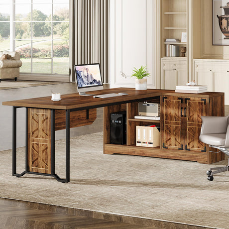 78" Long L-Shaped Executive Office Desk with Storage Cabinet, Farmhouse Large Manag