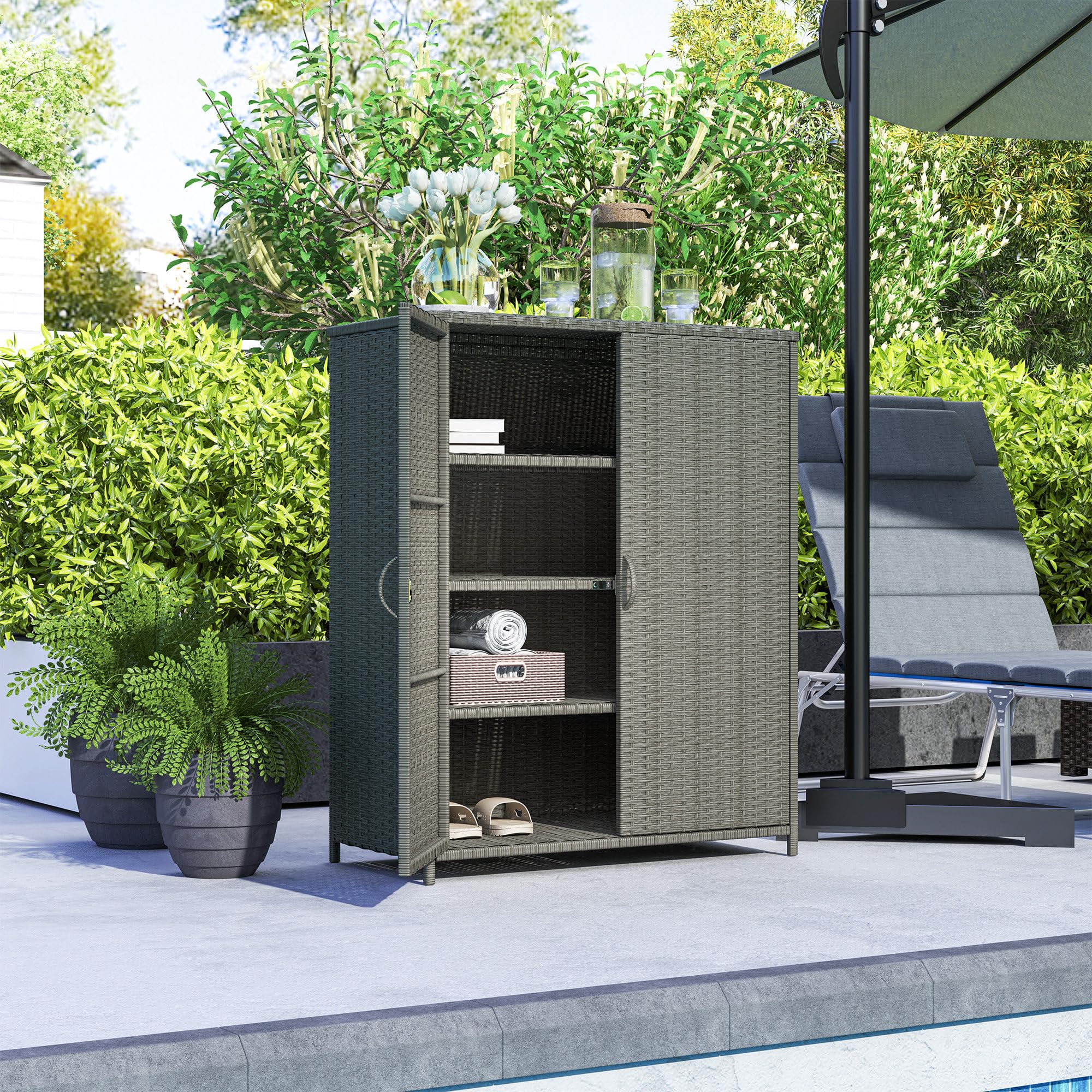 Wicker Outdoor Storage Cabinet with Shelves, 4-Shelf Outdoor Pool Towel Storage