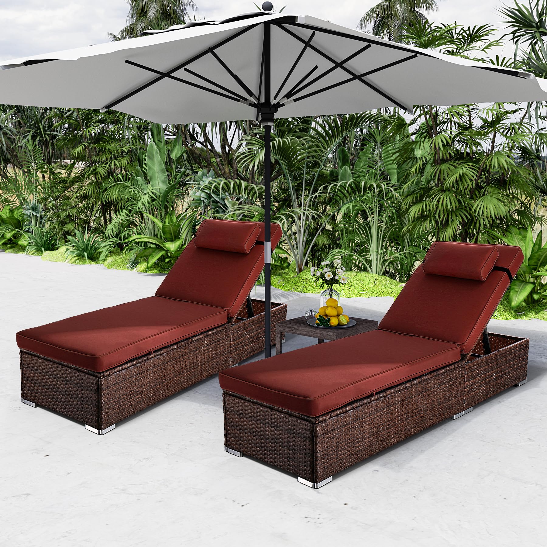 OUYESSIR Lounge Chairs for Outside, Adjustable 5 Position Patio PE Rattan Pool Lounge Chair with Cup Holder, Outdoor Reclining Wicker Chairs Set of 2 for Poolside Deck Beach Yard (Brown-Red)