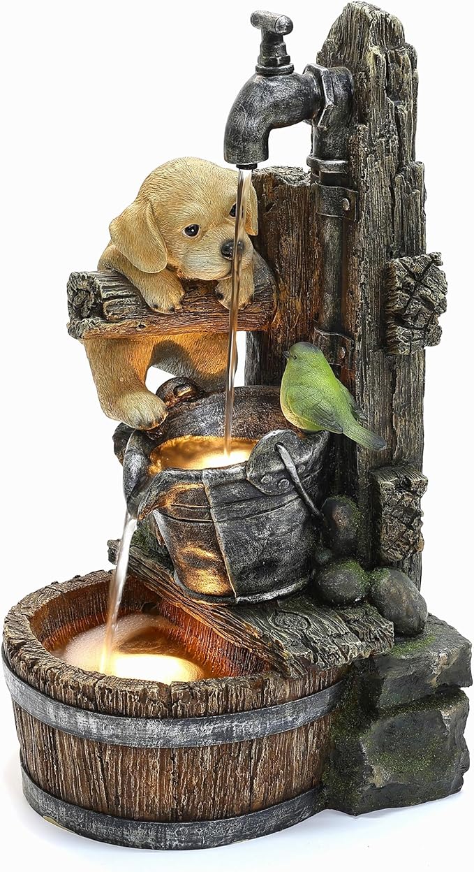 Outdoor Water Fountain, 30 Inch Puppies and Pump Resin Water Fountains Indoor