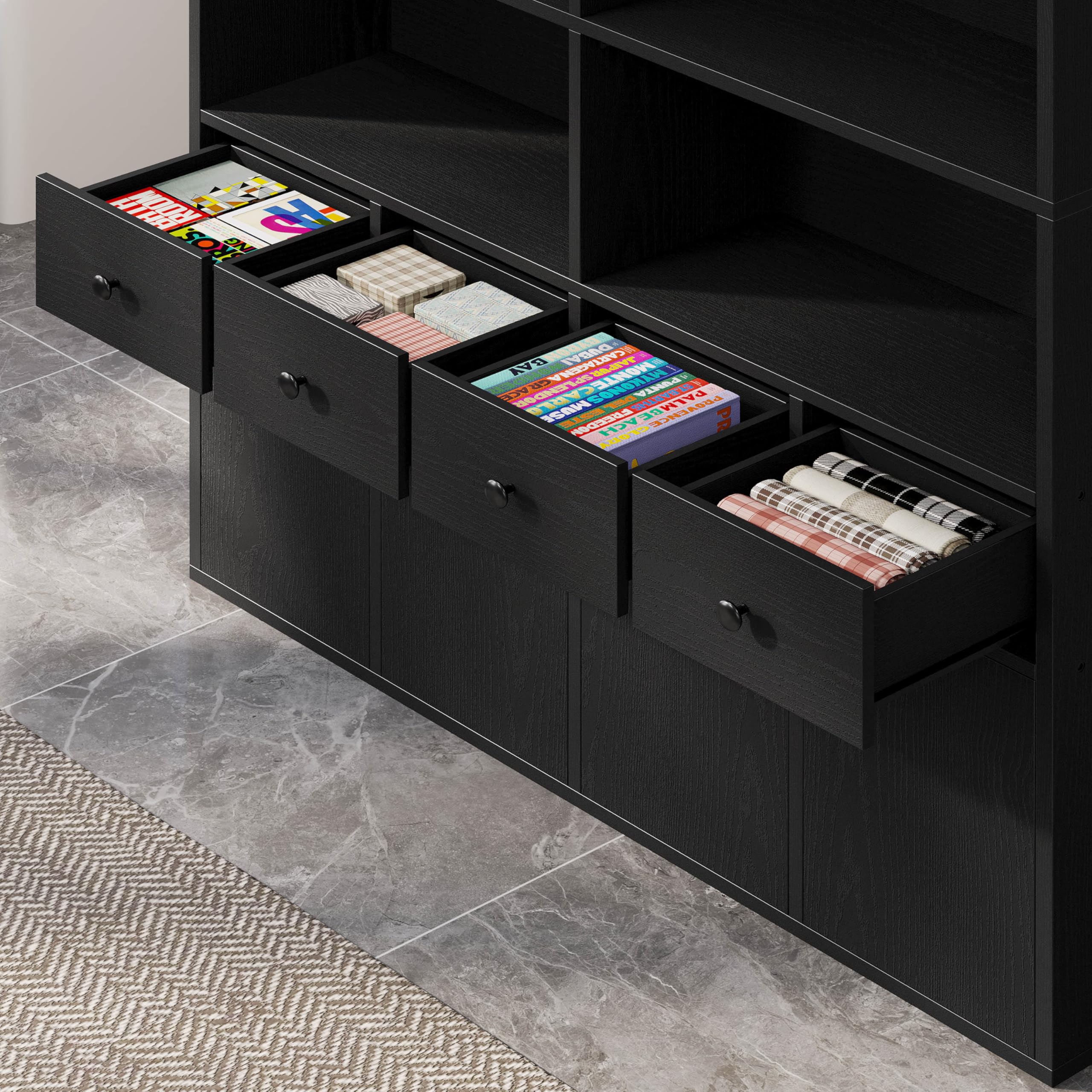 IRONCK 78.7" Bookcase with 4 Drawers and 4 Doors, 6 Tier Large Bookshelf with Storage, Floor Standing Display Storage Shelves, Tall Storage Cabinet for Living Room (Vintage Black)