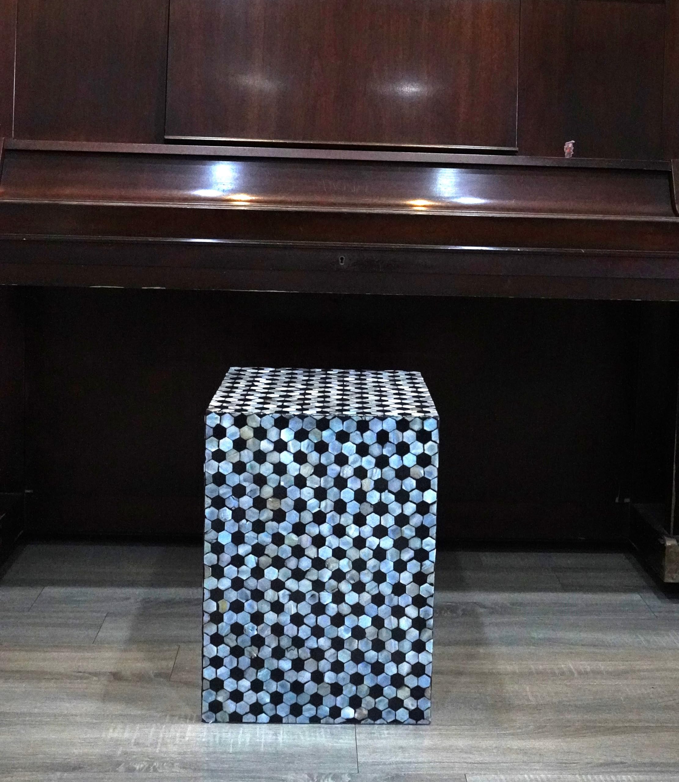 Mother of Pearl Inlaid Square Drum End Table, Nacre Lacquer Side Table,
