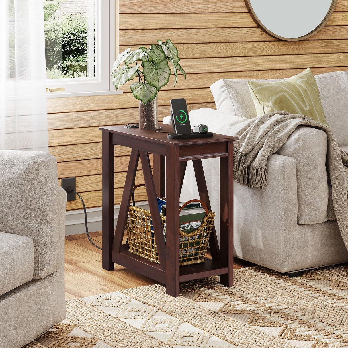 Narrow End Table with Charging Station of Open Storage Shelf，Sofa Side Table