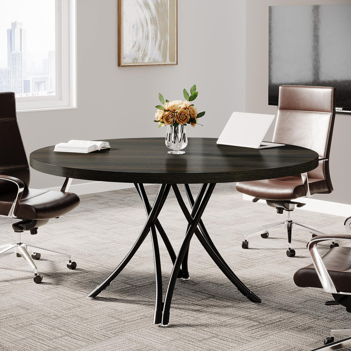 47" Round Conference Table, Modern Business Meeting Table for Office Conference Room