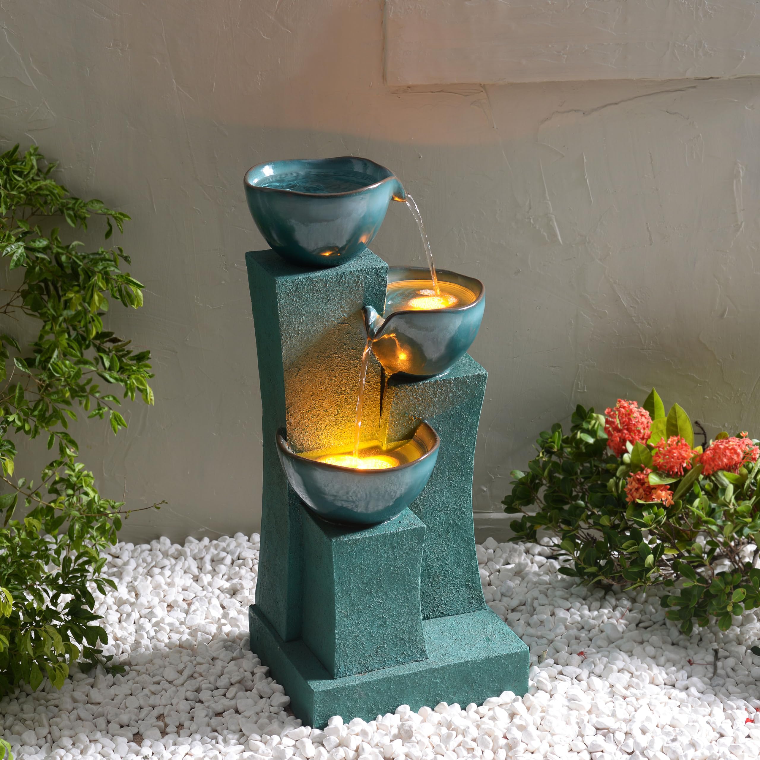 28.54 in. 3-Tier Cascading Outdoor Water Fountain with LED Lights for Gardens