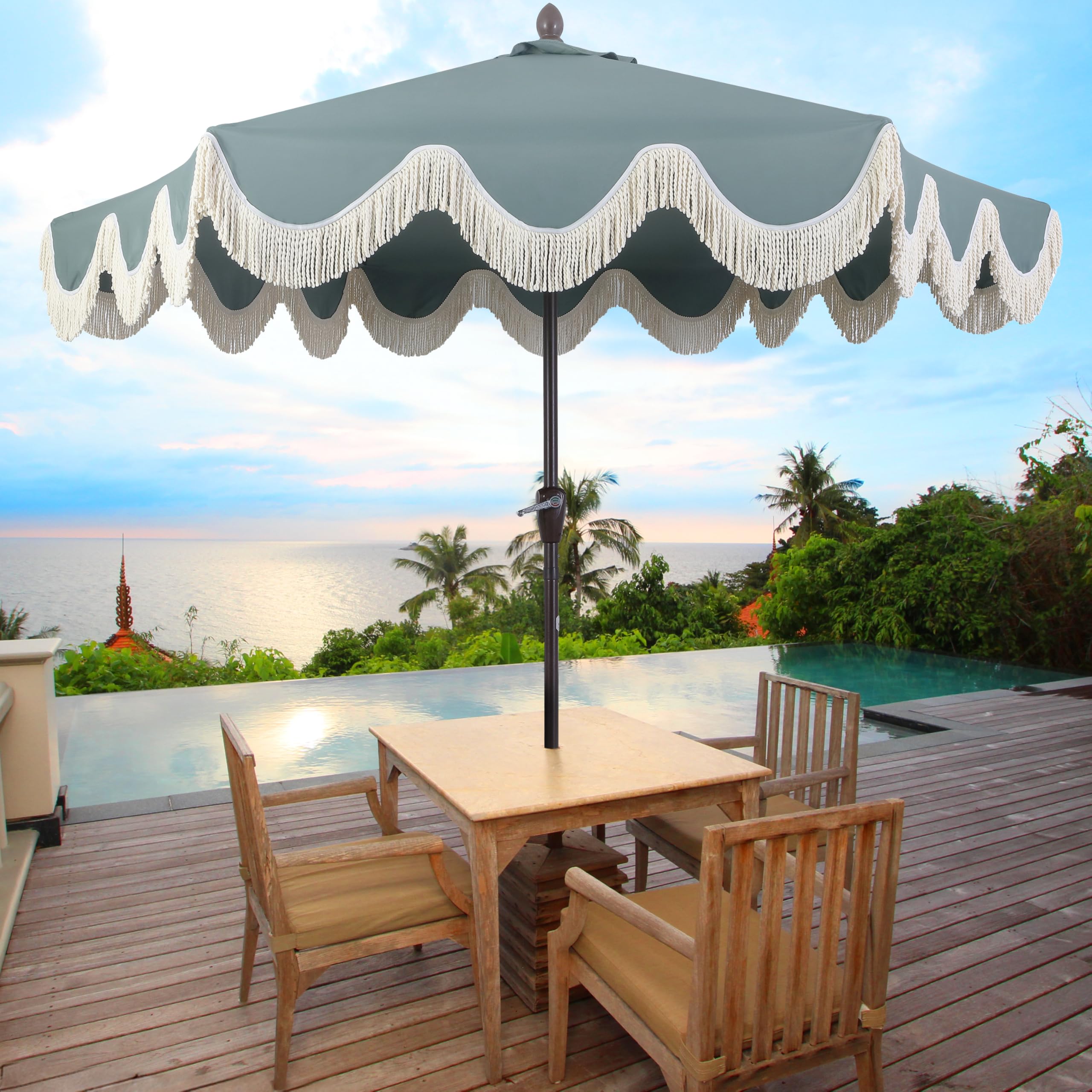 UMB1001G Collins 9 ft. Classic Cottage Tassel Market Patio Umbrella with Auto-Tilt