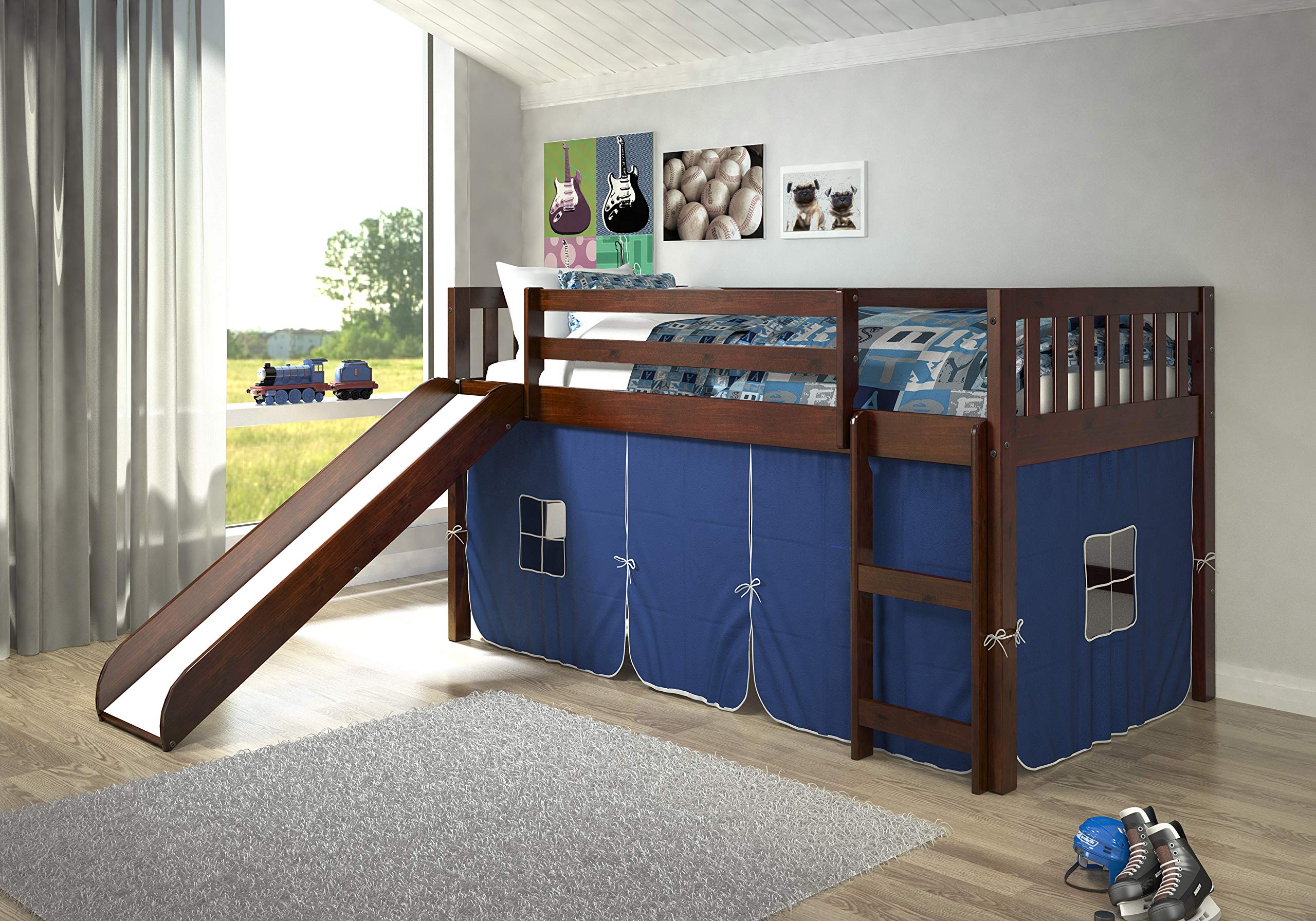 Tent Twin Cappuccino Low Loft with Slide and Blue Tent