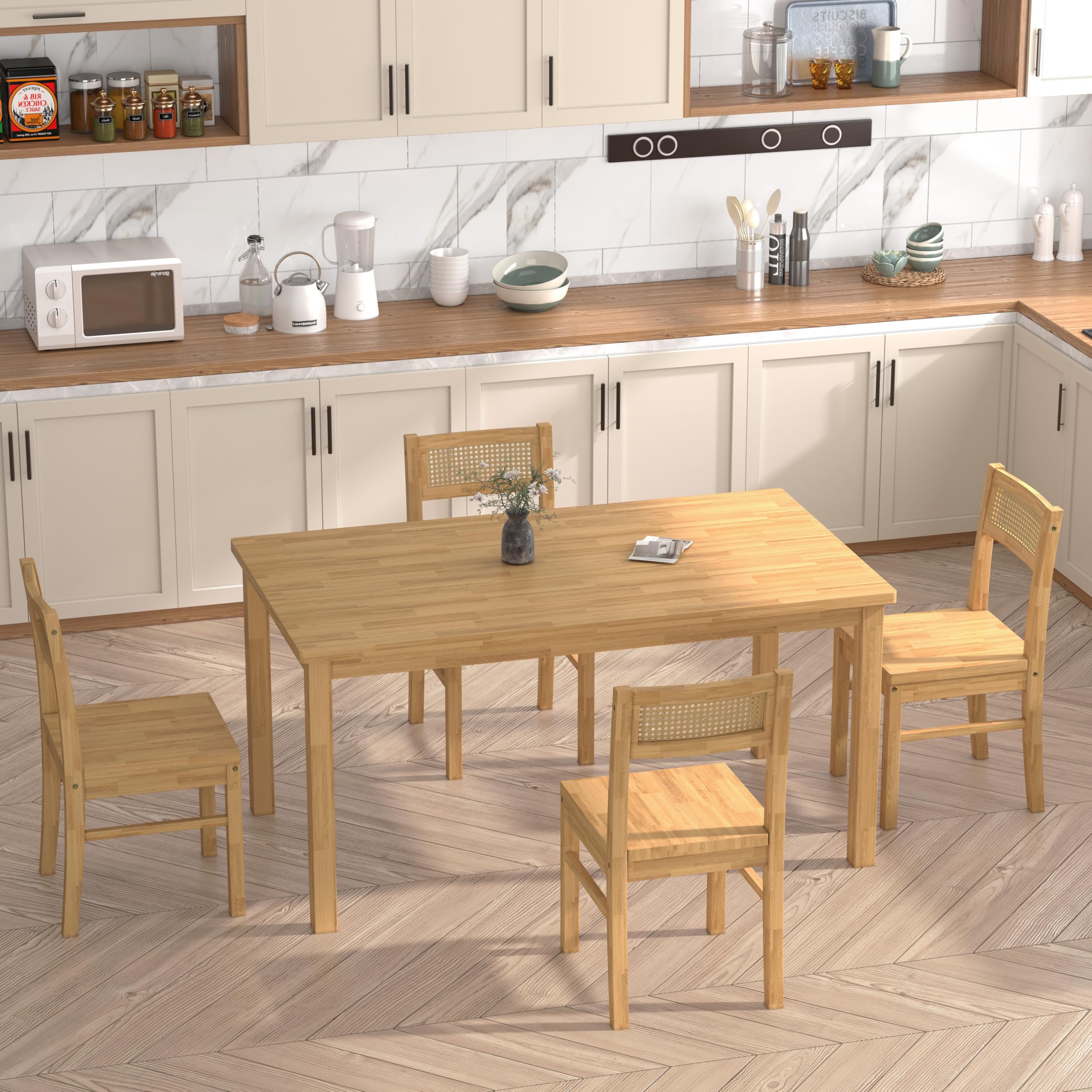 Solid Wood Dining Table Set for 4 with Woven Rattan Chairs