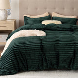 Bedsure Fluffy Comforter Cover Set - Ultra Soft Plush Shaggy Duvet Cover Queen Size, Warm Flannel Fleece Bed Sets for Winter, 3 Pieces, 1 Duvet Cover+2 Pillowcases (Striped Pattern, Forest Green)