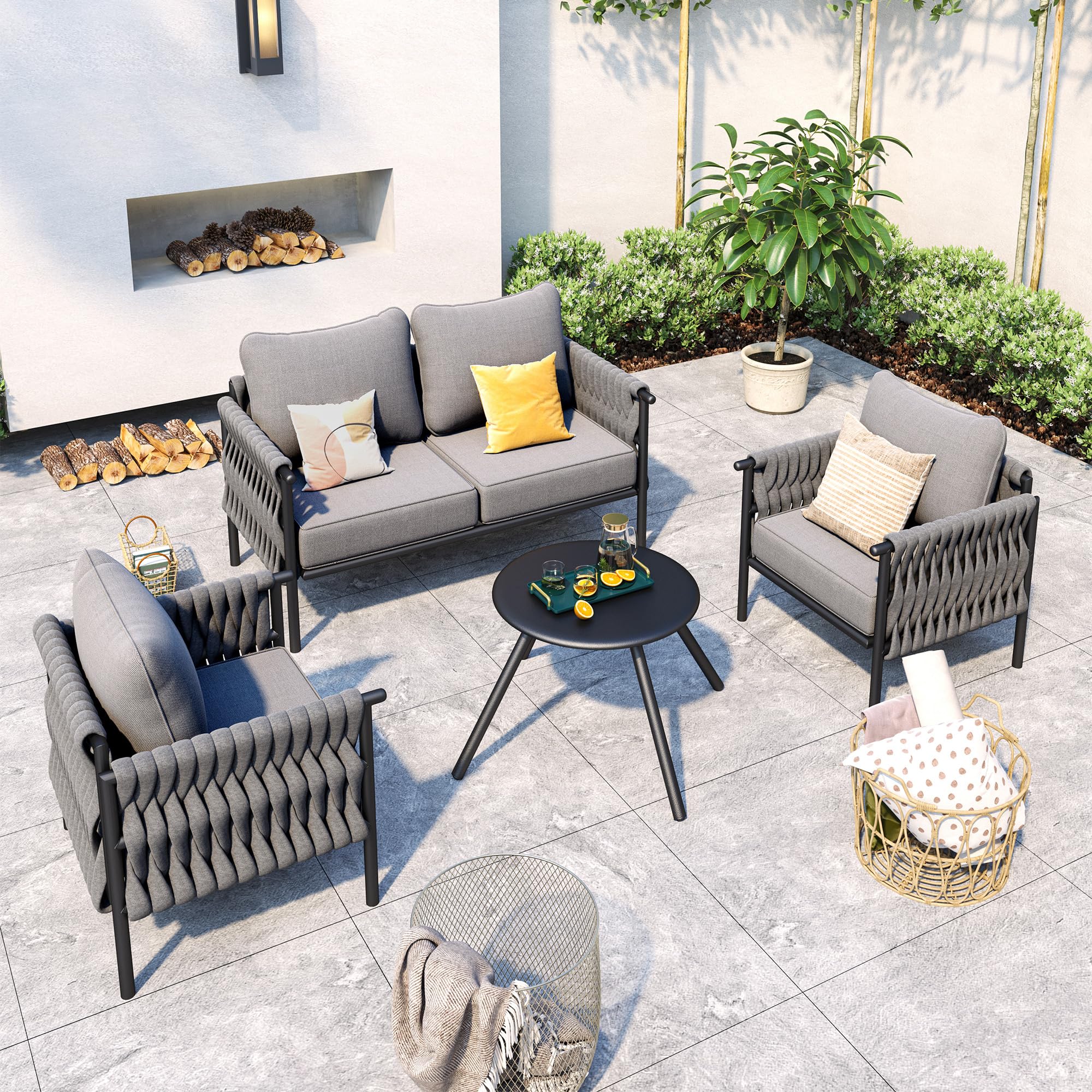 Metal Outdoor Patio Furniture Set, 4 Pieces Modern Outdoor Conversation Furniture Sets